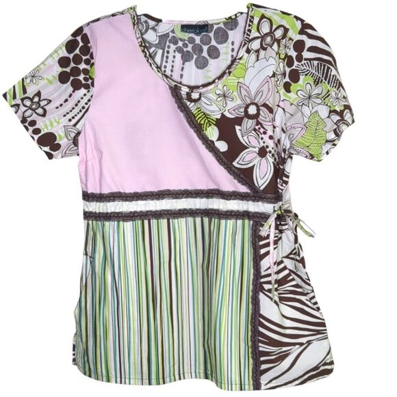 Cherokee Women's Scrub Top!  Floral Pattern, Stripes, Faux Wrap, Like New - Picture 1 of 7